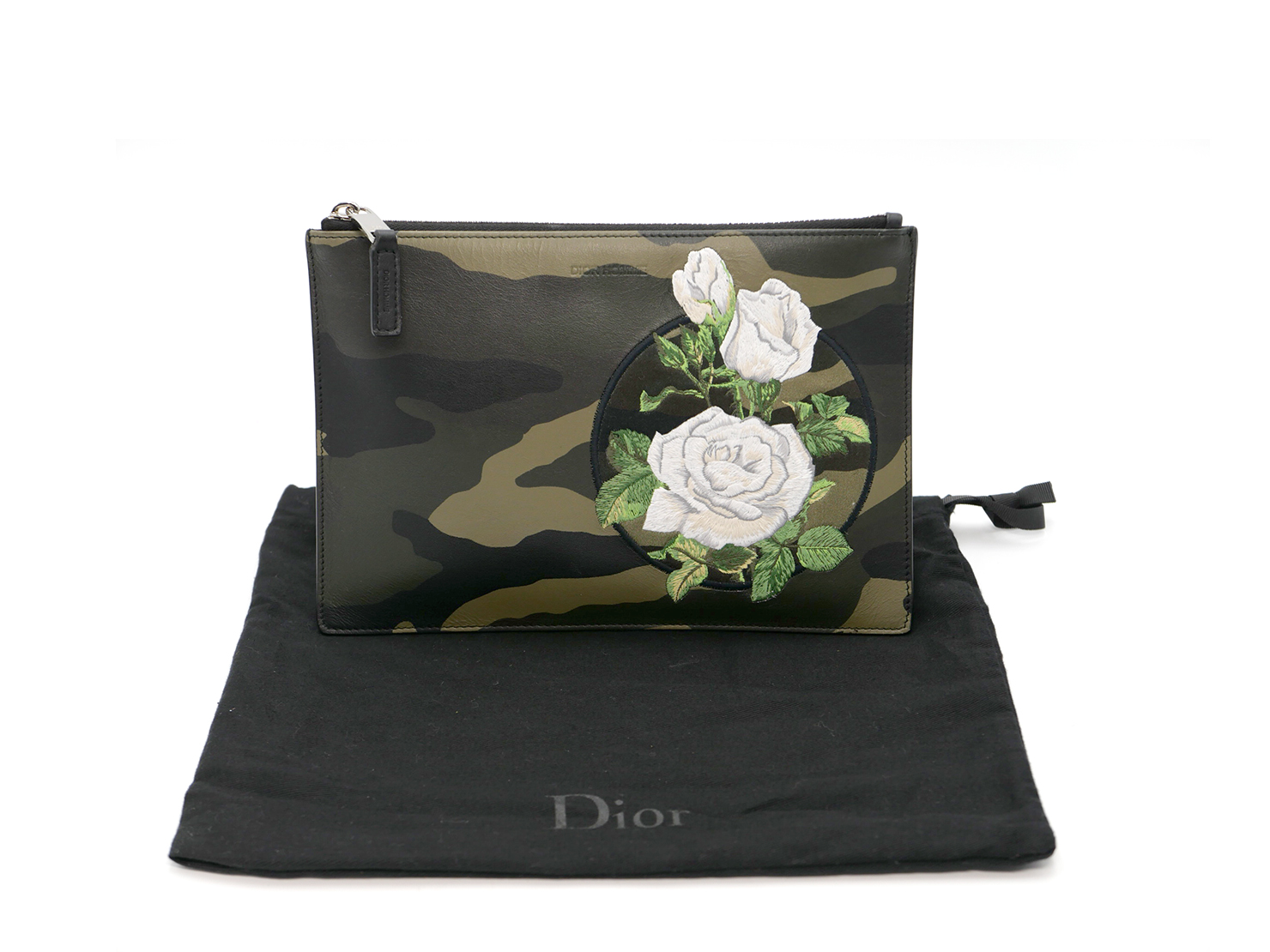 Christine Dior Limited Edition Camouflage Canvas / Rose Motif Floral Embroidery Pouch/ Clutch