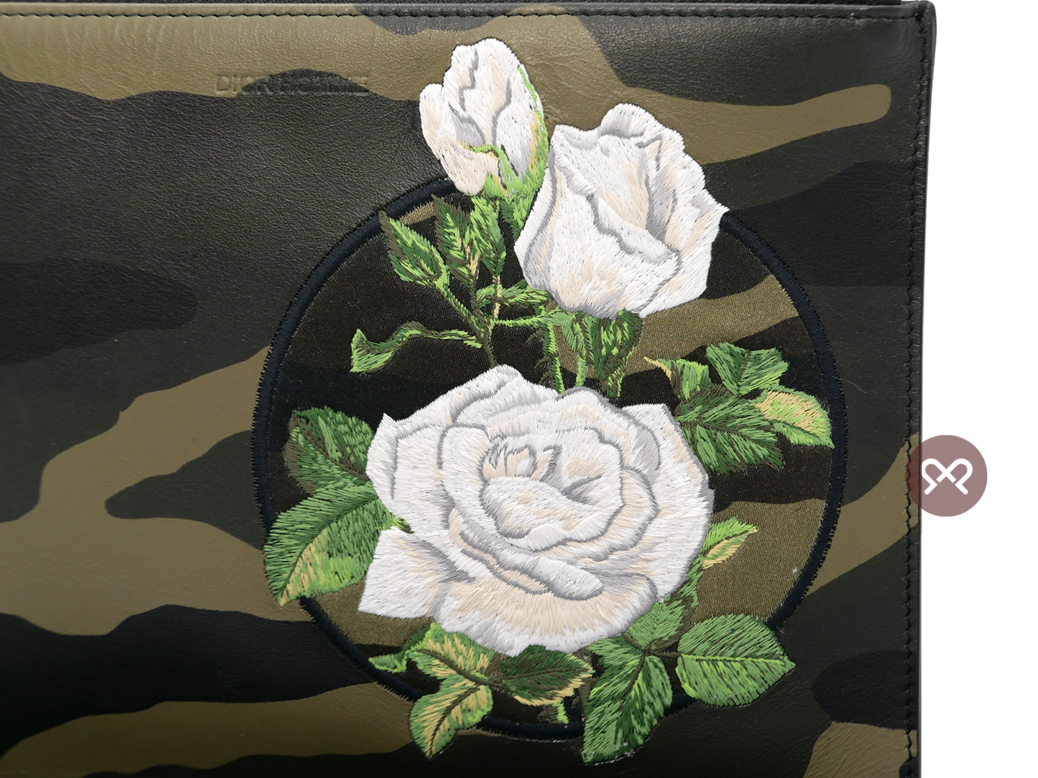 Christine Dior Limited Edition Camouflage Canvas / Rose Motif Floral Embroidery Pouch/ Clutch - Image 4