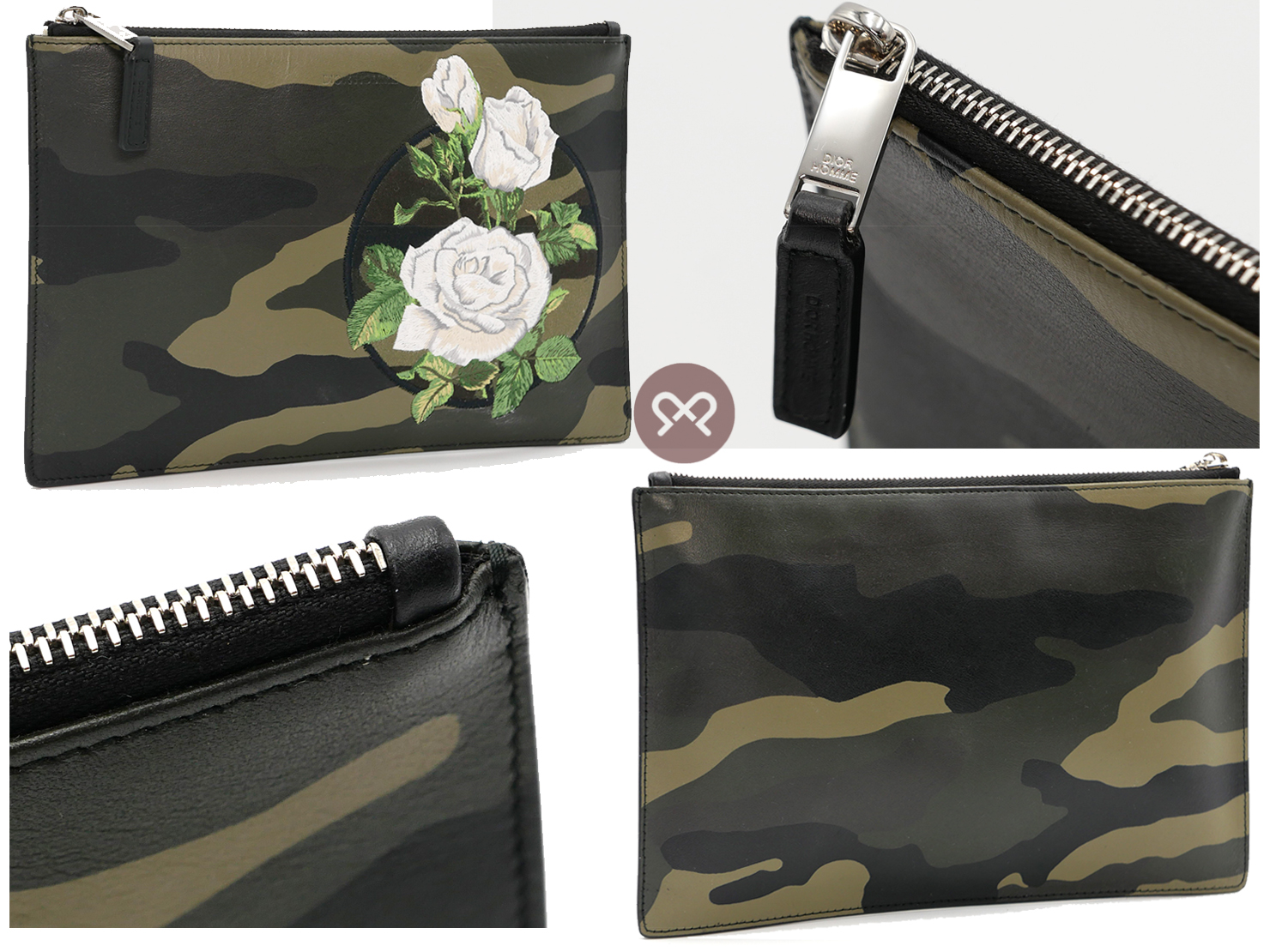 Christine Dior Limited Edition Camouflage Canvas / Rose Motif Floral Embroidery Pouch/ Clutch - Image 7