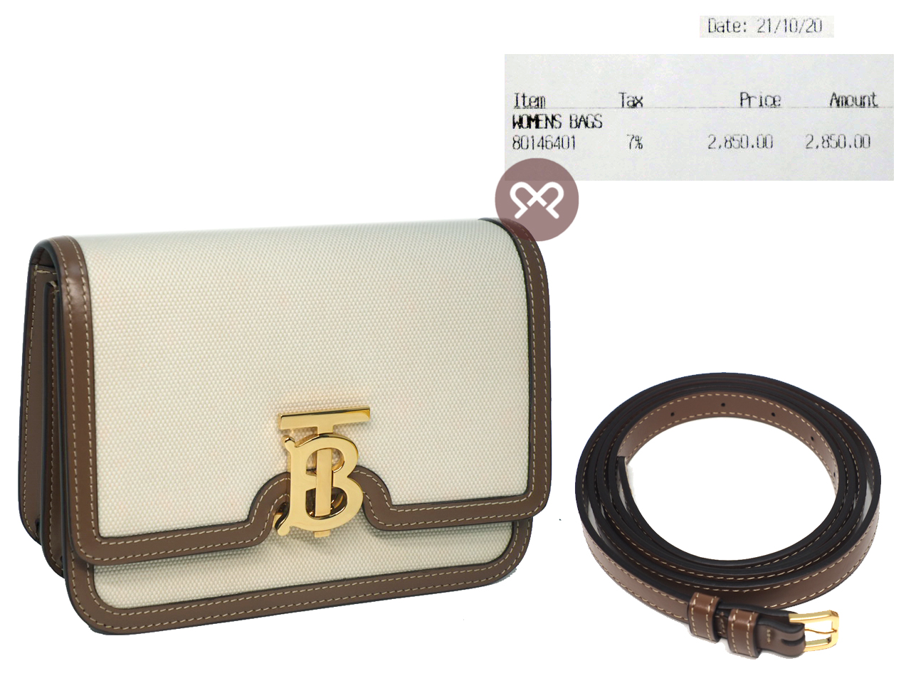 Burberry Small TB 2-Tone Natural/ Malt Brown Leather Trim 2-way Bag with Strap - Image 2