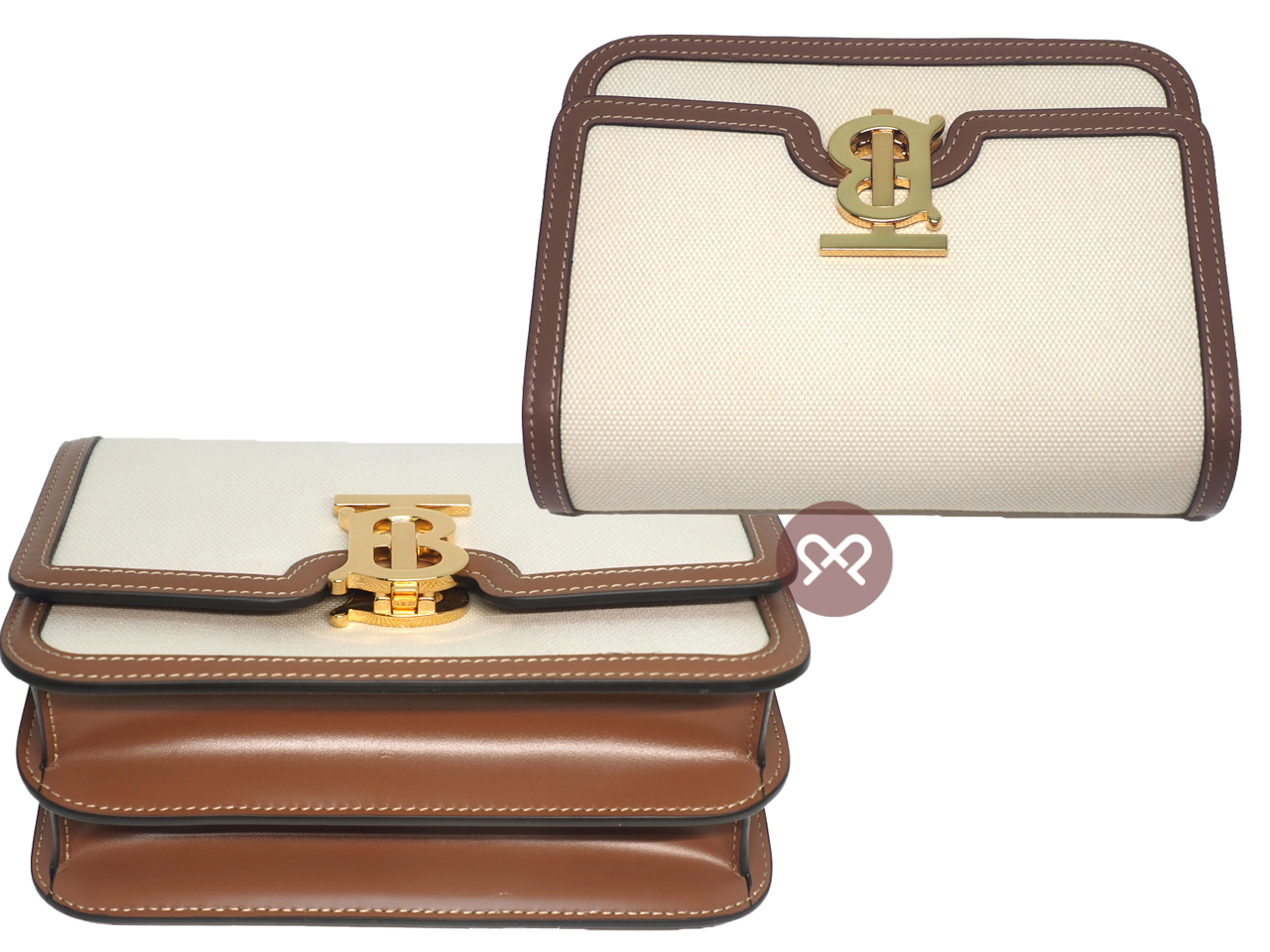 Burberry Small TB 2-Tone Natural/ Malt Brown Leather Trim 2-way Bag with Strap - Image 4