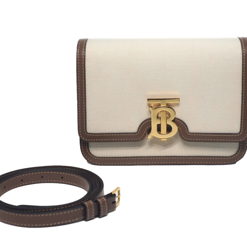 Burberry Small TB 2-Tone Natural/ Malt Brown Leather Trim 2-way Bag with Strap
