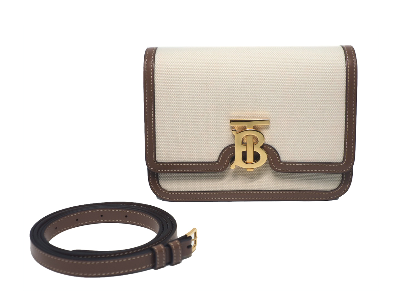 Burberry Small TB 2-Tone Natural/ Malt Brown Leather Trim 2-way Bag with Strap