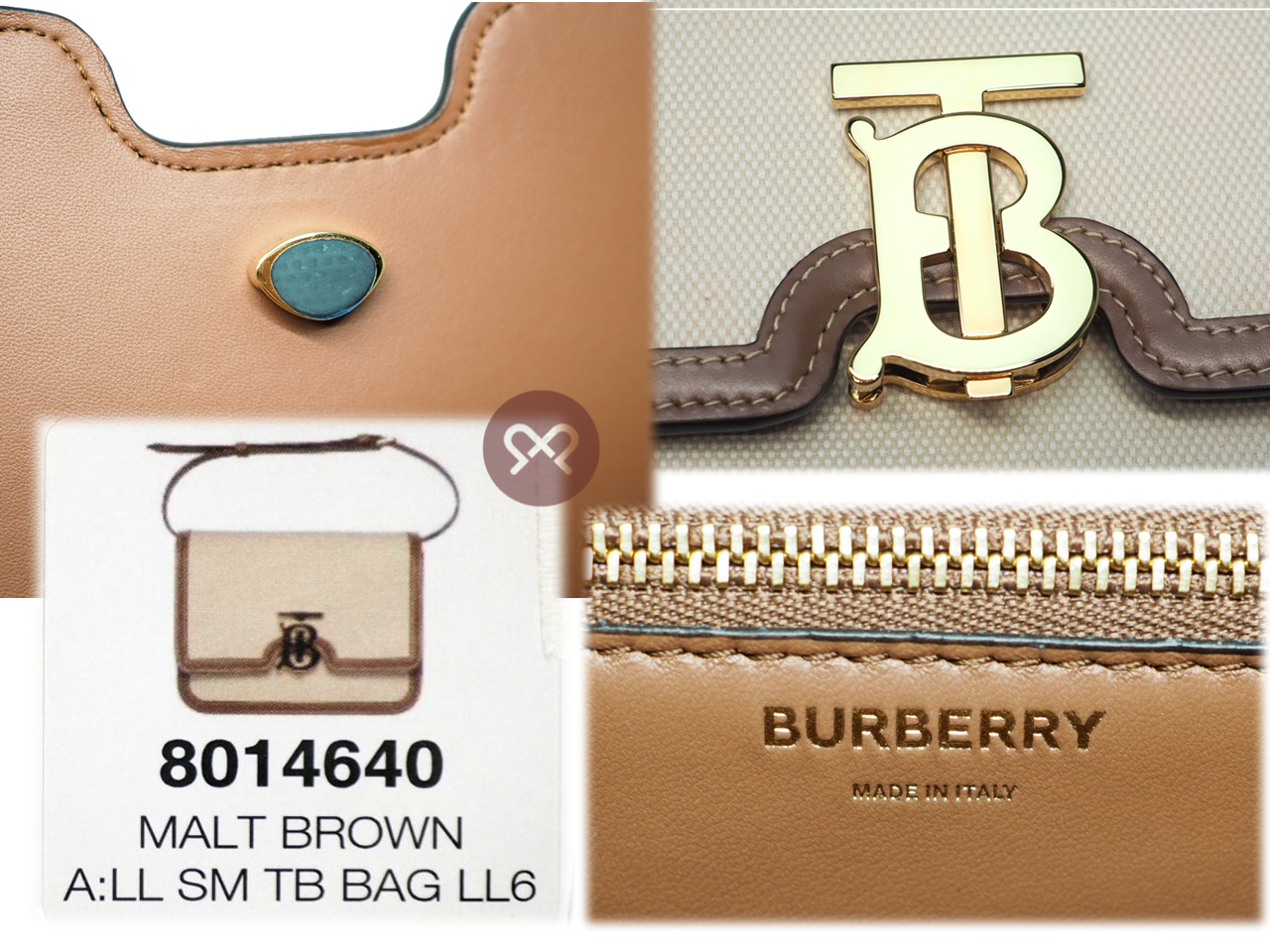 Burberry Small TB 2-Tone Natural/ Malt Brown Leather Trim 2-way Bag with Strap - Image 6