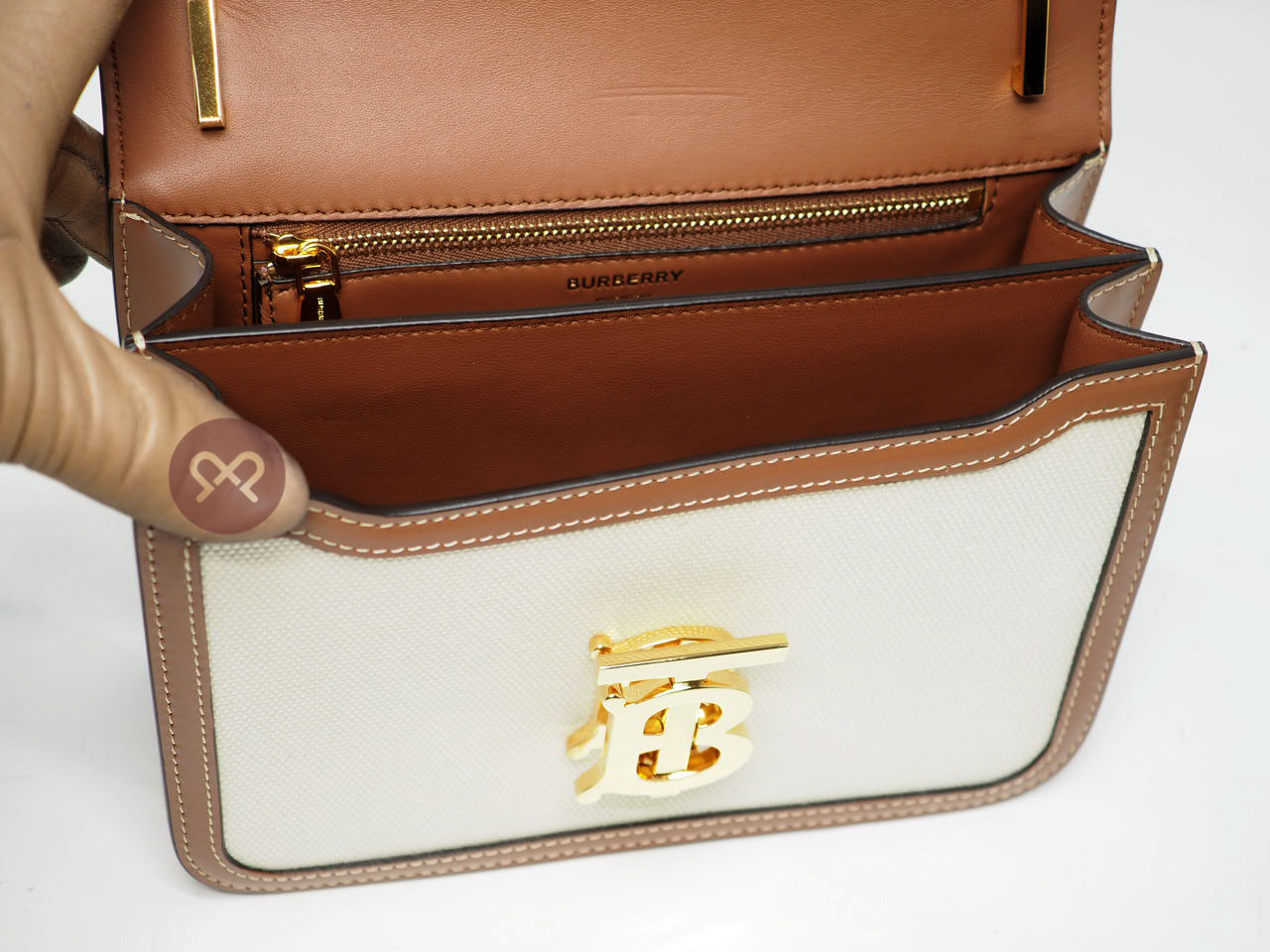 Burberry Small TB 2-Tone Natural/ Malt Brown Leather Trim 2-way Bag with Strap - Image 5