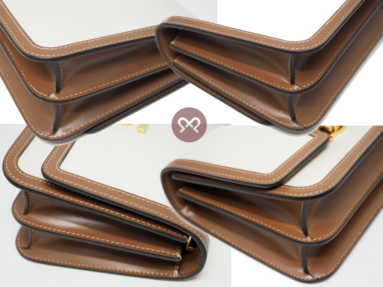Burberry Small TB 2-Tone Natural/ Malt Brown Leather Trim 2-way Bag with Strap - Image 8