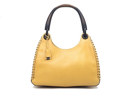 Gucci 106237 Vintage Wood Handle Yellow Leather Saddlestitch One Shoulder Handbag