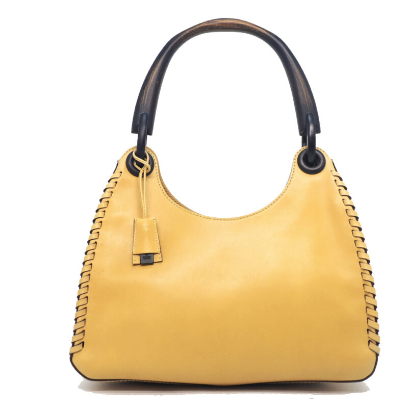 Gucci 106237 Vintage Wood Handle Yellow Leather Saddlestitch One Shoulder Handbag