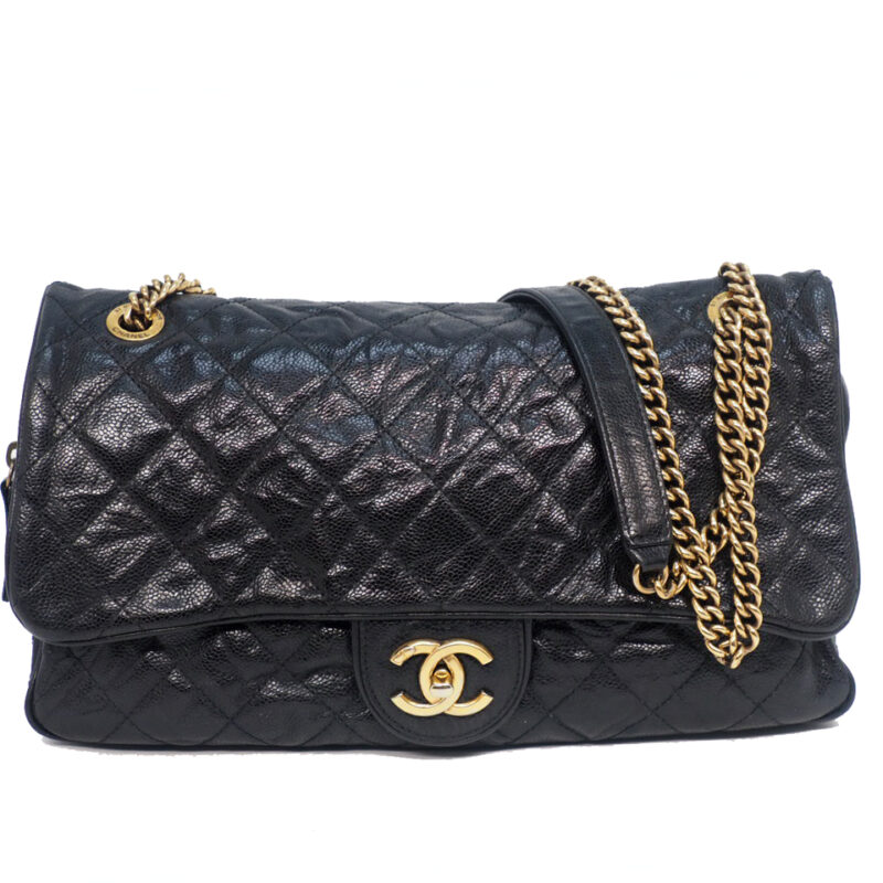 Chanel 16406981 Black Glace Caviar 32cm Medium Easy Flap Brass Gold Hardware Bag