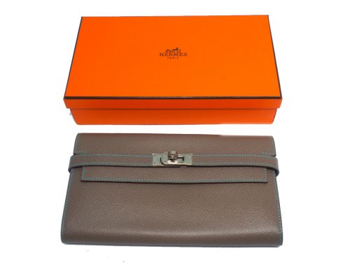 Hermes Bicolor Color Etoupe/ Blue Square N Stamp Epsom Kelly Wallet Palladium Hardware