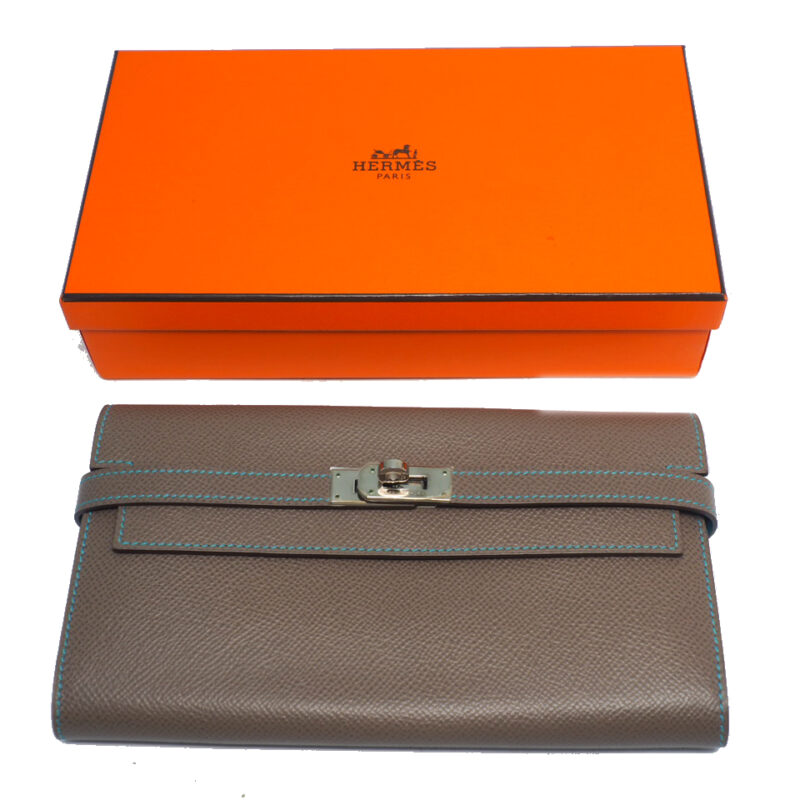 Hermes Bicolor Color Etoupe/ Blue Square N Stamp Epsom Kelly Wallet Palladium Hardware