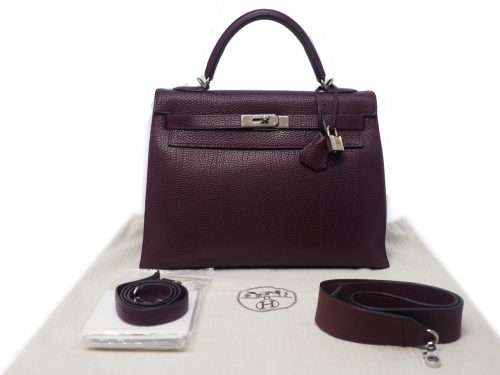 Hermes Kelly 32 Sellier Prune Fjord Leather Palladium Hardware L Stamp Tote/ Shoulder Bag