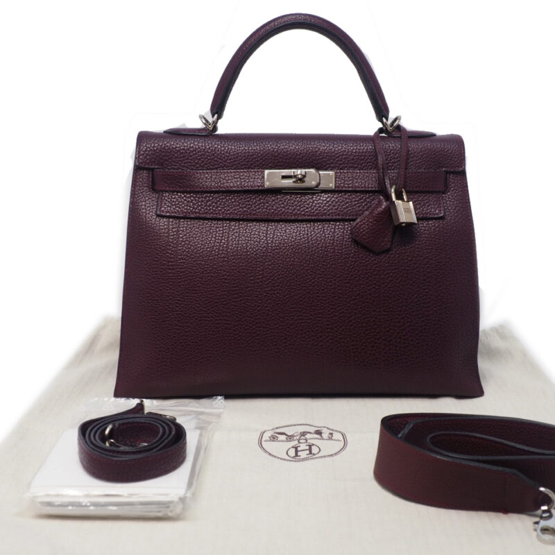 Hermes Kelly 32 Sellier Prune Fjord Leather Palladium Hardware L Stamp Tote/ Shoulder Bag