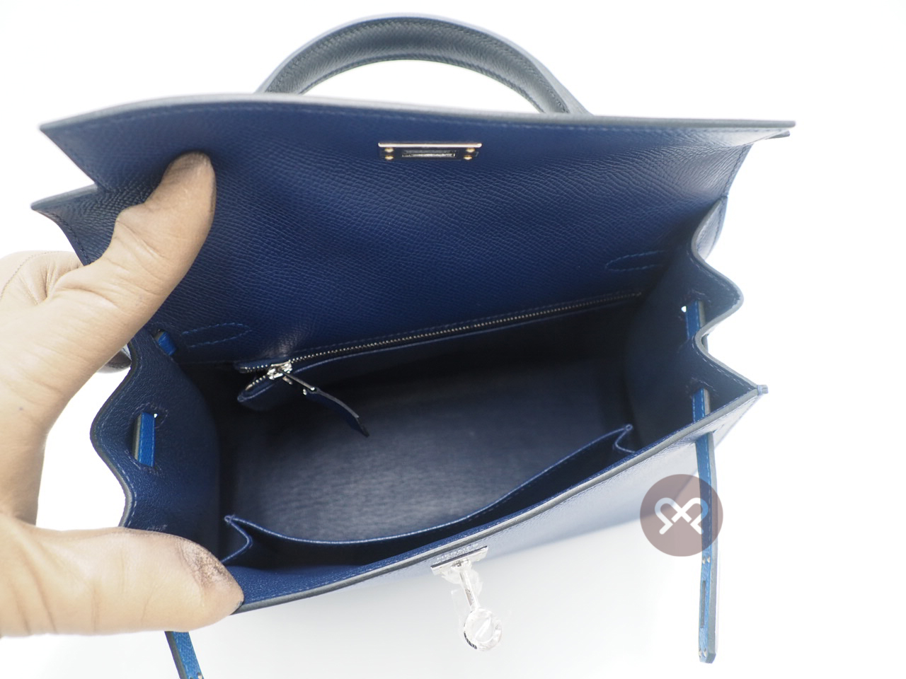 BRAND NEW ! Hermes Kelly Sellier 25cm Trio-Color Bleu Saphir/ Bleu France/ Noir Epsom Leather Palladium Hardware - Image 9