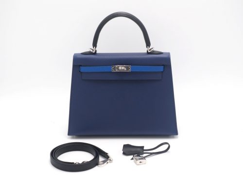 BRAND NEW ! Hermes Kelly Sellier 25cm Trio-Color Bleu Saphir/ Bleu France/ Noir Epsom Leather Palladium Hardware