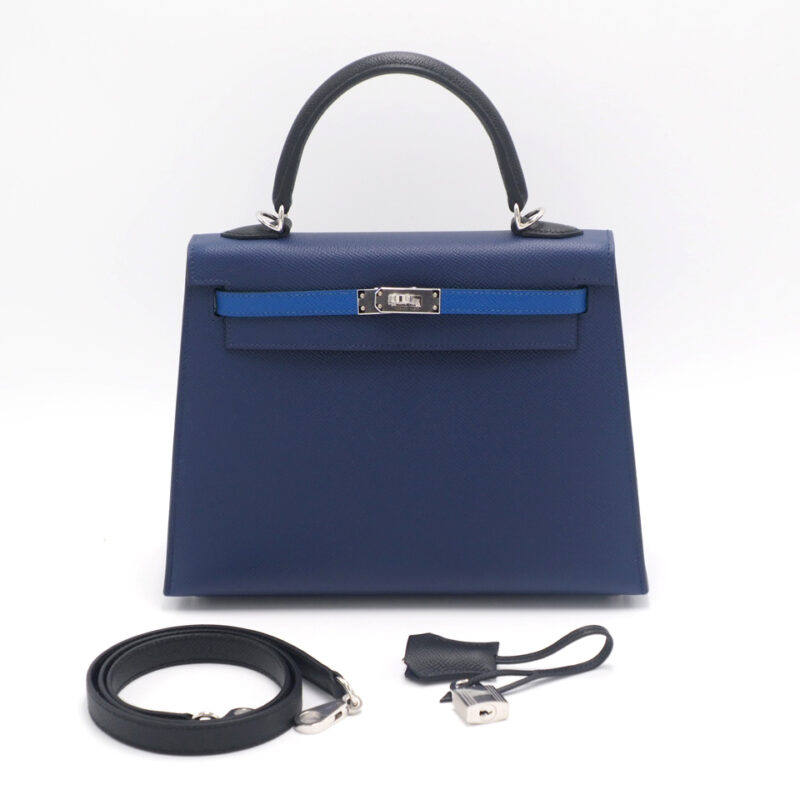 BRAND NEW ! Hermes Kelly Sellier 25cm Trio-Color Bleu Saphir/ Bleu France/ Noir Epsom Leather Palladium Hardware