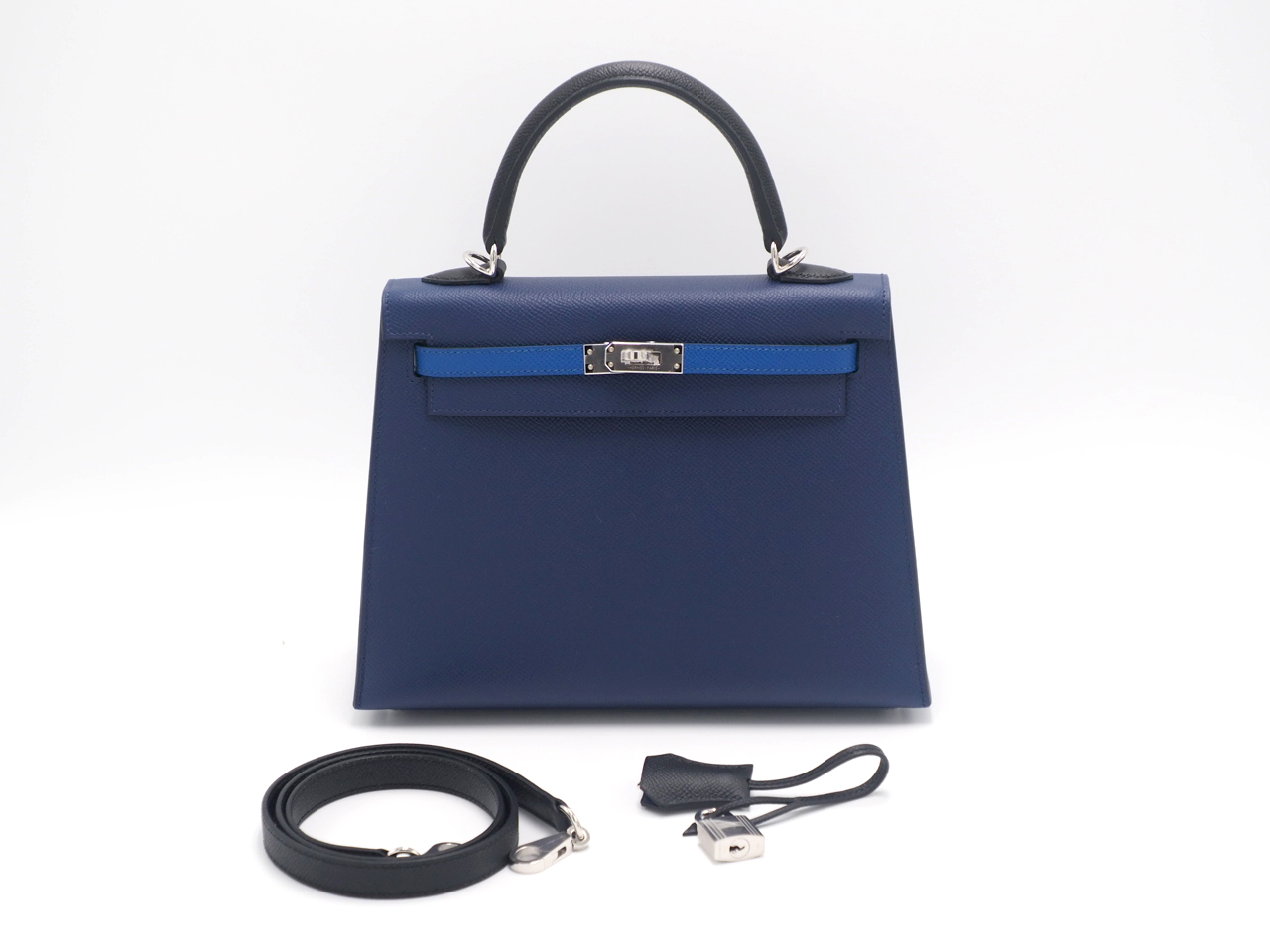 BRAND NEW ! Hermes Kelly Sellier 25cm Trio-Color Bleu Saphir/ Bleu France/ Noir Epsom Leather Palladium Hardware