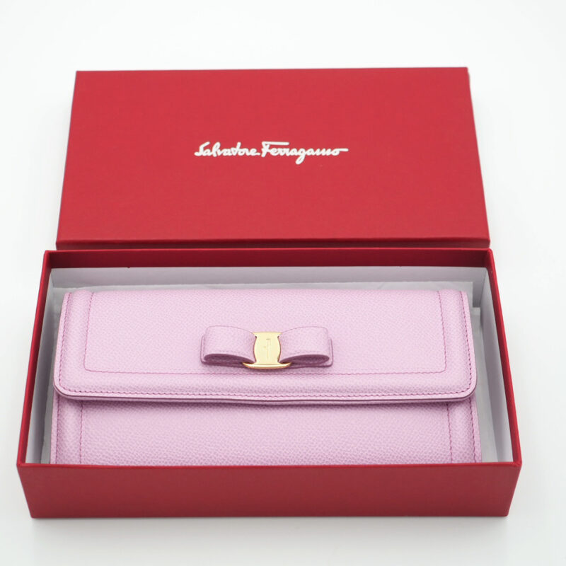 Ferragamo 22-D154/01 Pink/ Wine Pebble Calf Vara Bow Continental Wallet