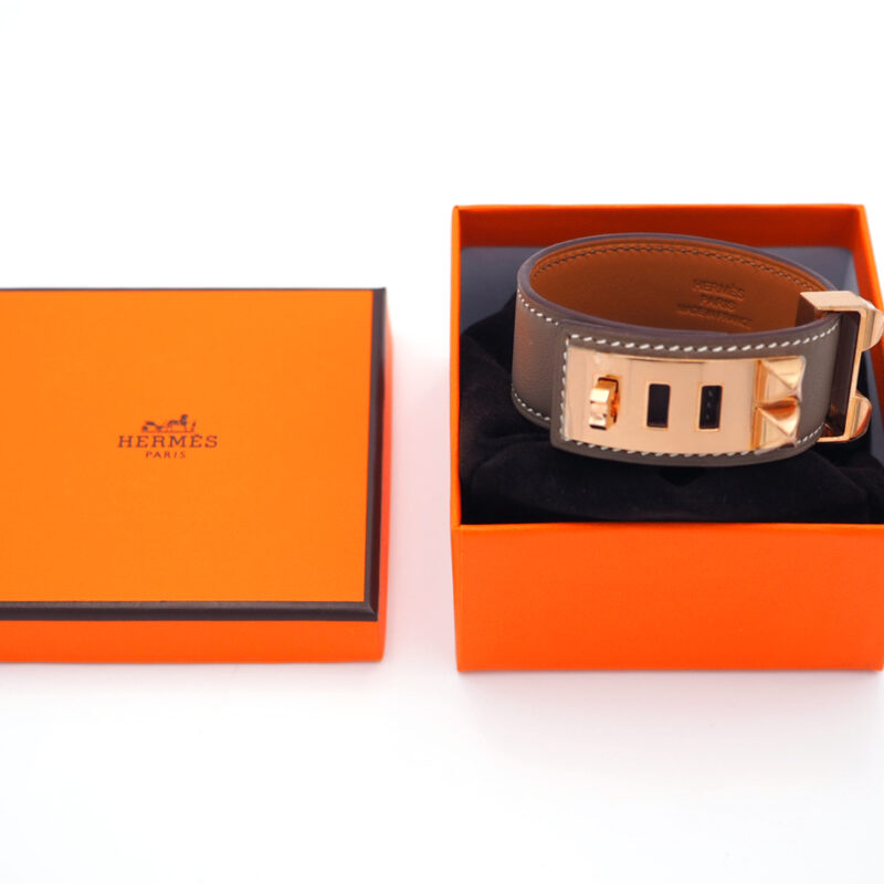 Hermes Bracelet Collier De Chien 24 Swift Etoupe Color Gold-Plated Hardware- Size T2