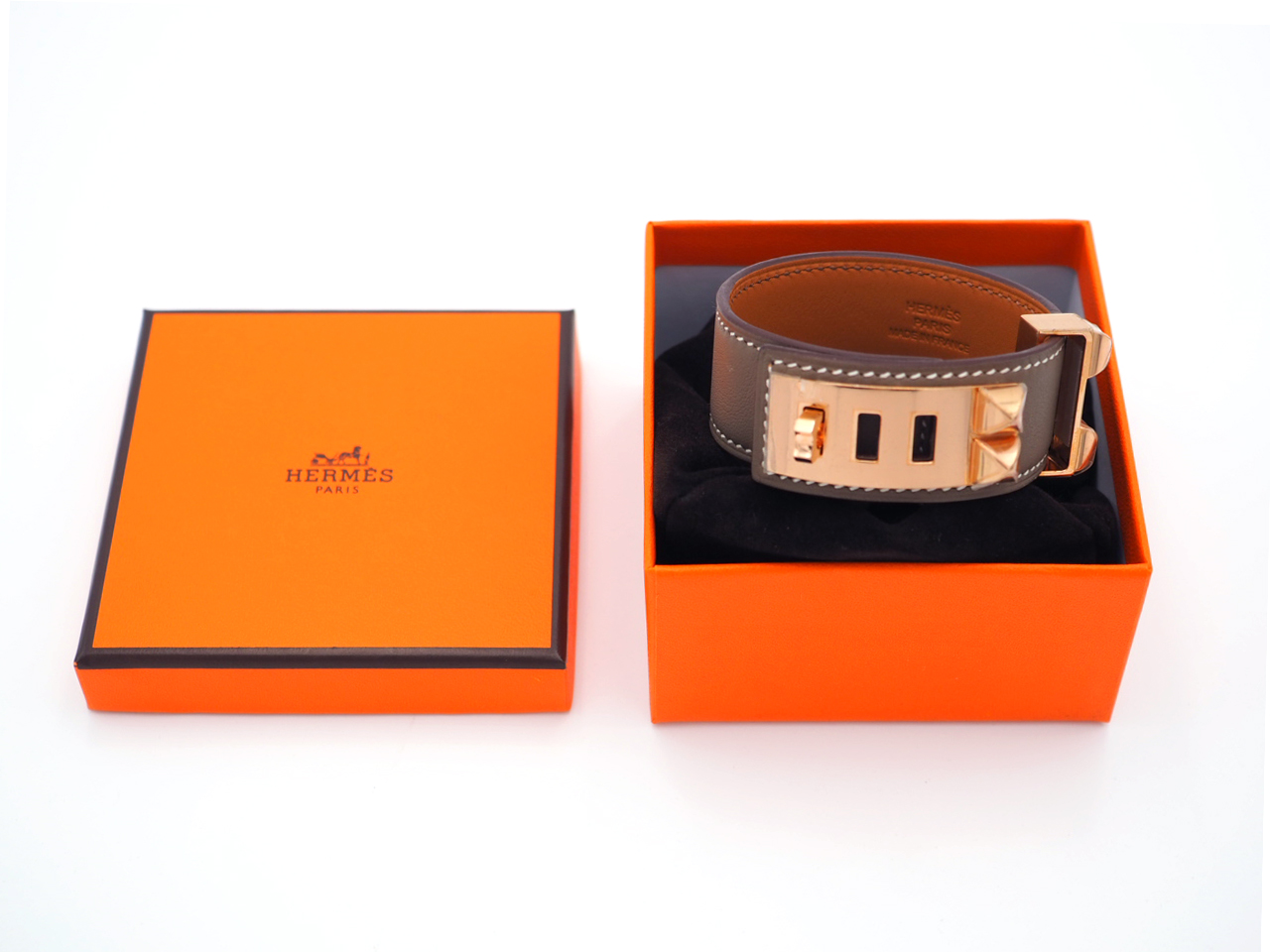 Hermes Bracelet Collier De Chien 24 Swift Etoupe Color Gold-Plated Hardware- Size T2