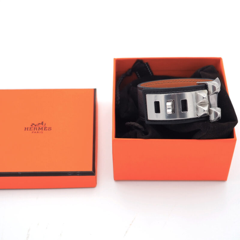 Hermes Bracelet Collier De Chien 24 Veau Madame Noir/ Black Epsom Palladium Plated -Size T1