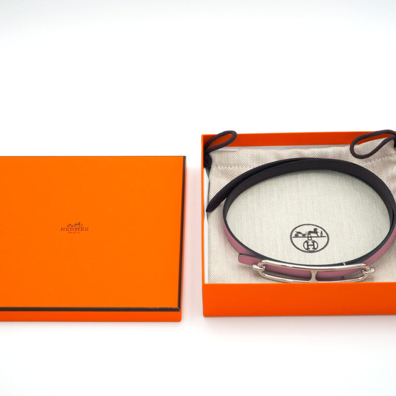 Hermes Silver Roulis Belt Buckle & Reversible Leather Strap 13mm Swift/ Epsom Pink/ Purple leather- Size 75