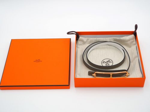 Hermes Silver Roulis Belt Buckle & Reversible Leather Strap 13mm Swift/ Epsom Etoupe/ Blanc leather- Size 75