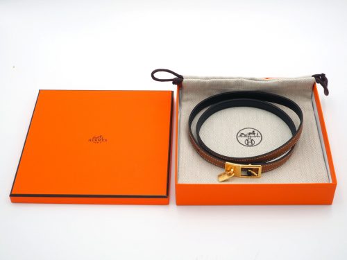 Hermes Lucky 15 Reversible Leather Belt Black/ Gold in Rose Gold-Plated Buckle- Size 70