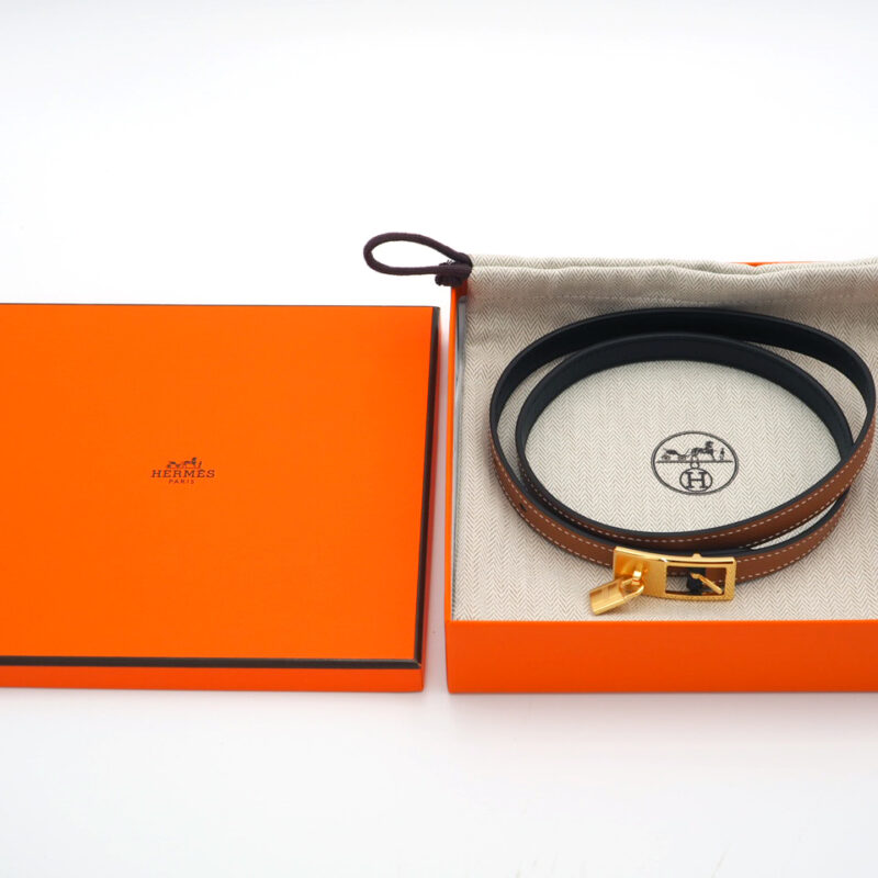 Hermes Lucky 15 Reversible Leather Belt Black/ Gold in Rose Gold-Plated Buckle- Size 70