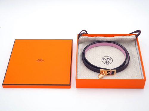 Hermes Lucky 15 Reversible Leather Belt Mauve Sylvestre / Rouge Sellier in Rose Gold-Plated Buckle - Size 70