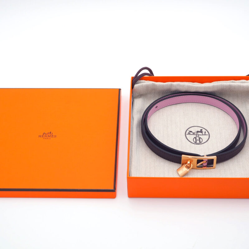 Hermes Lucky 15 Reversible Leather Belt Mauve Sylvestre / Rouge Sellier in Rose Gold-Plated Buckle - Size 70