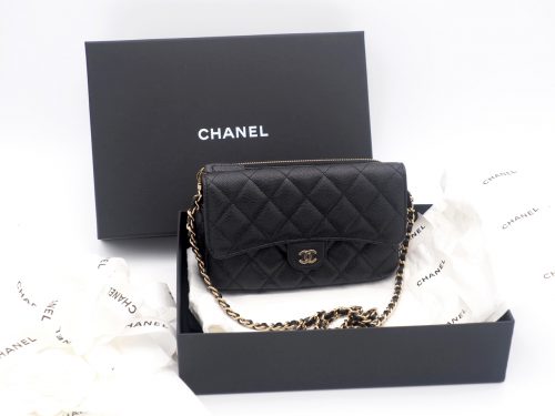 BRAND NEW ! Chanel Black Caviar Classic Flap Phone Holder with Chain Gold Hardware (U8UTGLT6)