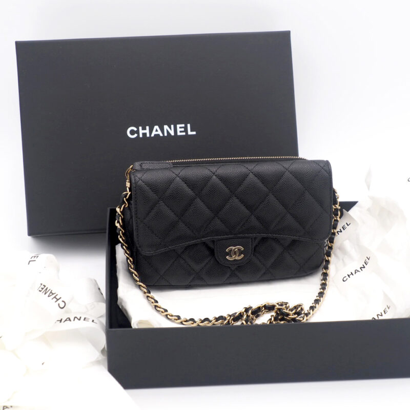 BRAND NEW ! Chanel Black Caviar Classic Flap Phone Holder with Chain Gold Hardware (U8UTGLT6)
