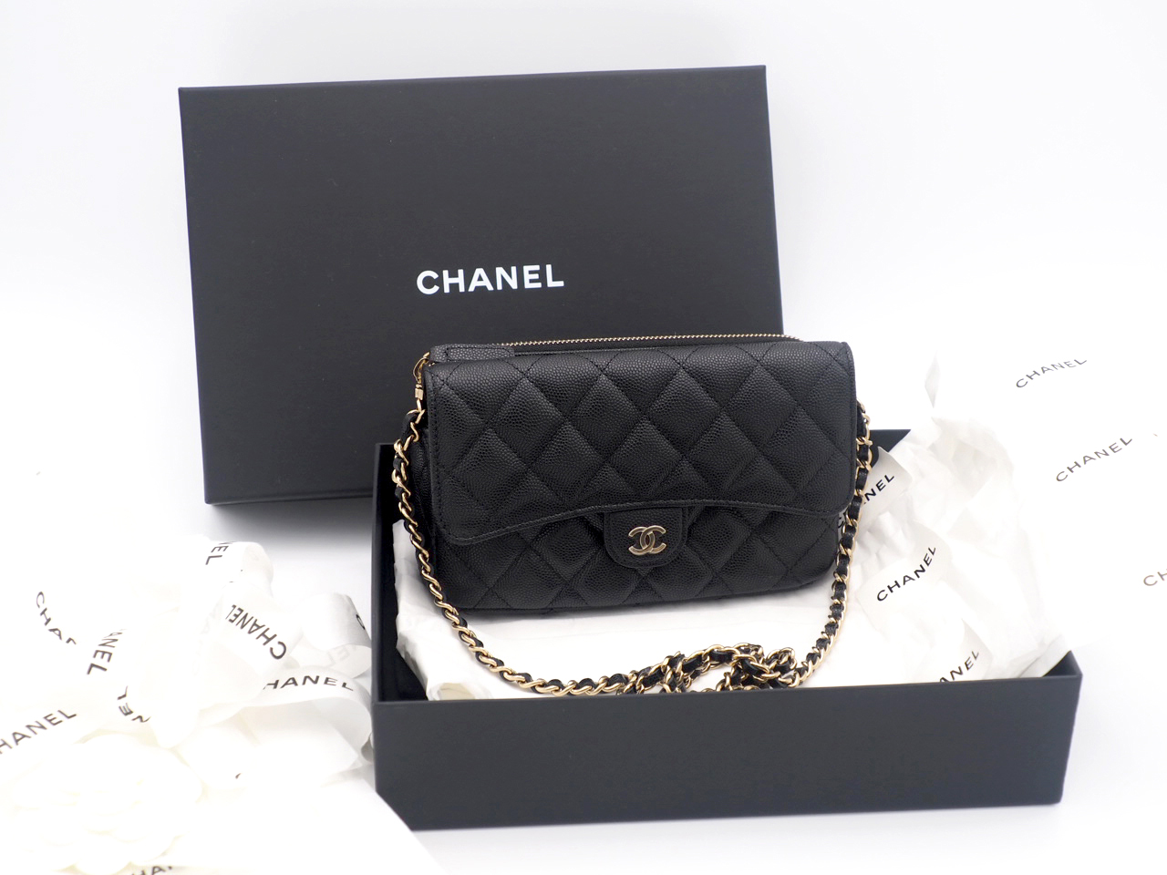 BRAND NEW ! Chanel Black Caviar Classic Flap Phone Holder with Chain Gold Hardware (U8UTGLT6)