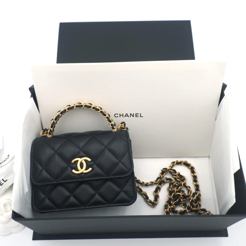 Chanel Black Lambskin Top Handle Chain Mini Vanity Case Kelly Flap Gold Hardware (G2LJT31J)
