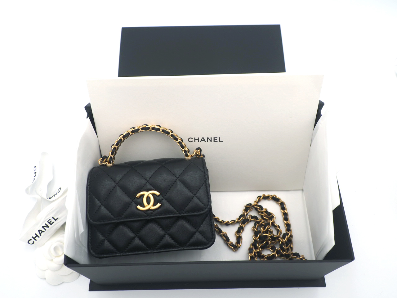 Chanel Black Lambskin Top Handle Chain Mini Vanity Case Kelly Flap Gold Hardware (G2LJT31J)