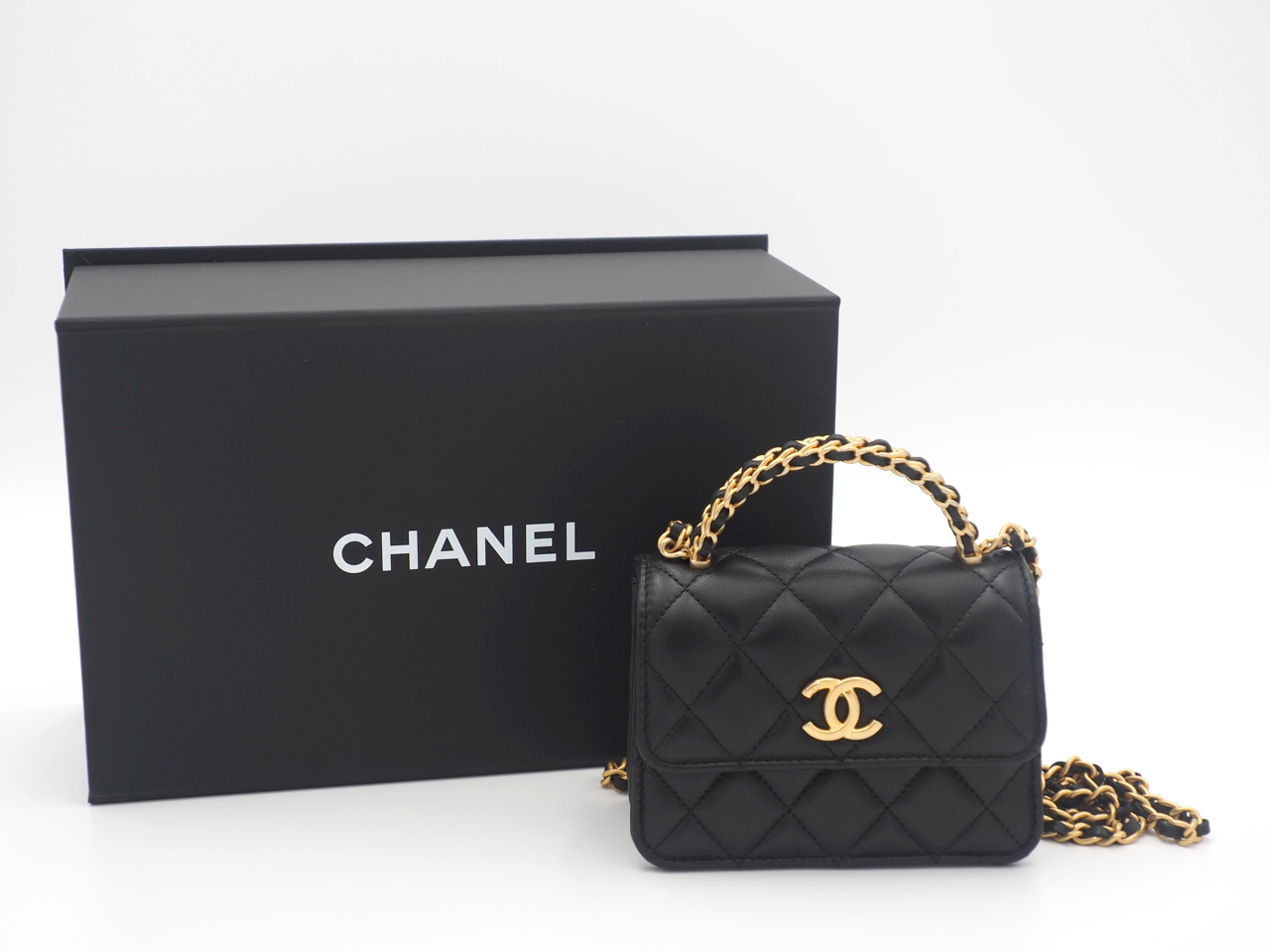 Chanel Black Lambskin Top Handle Chain Mini Vanity Case Kelly Flap Gold Hardware (G2LJT31J) - Image 2