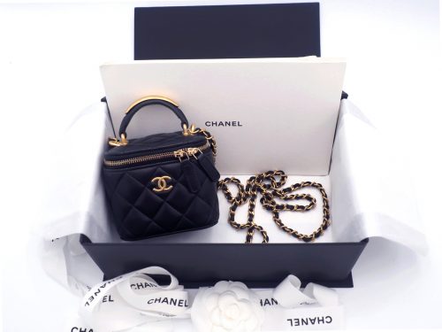 BRAND NEW ! Chanel Black Lambskin Metal Top Handle Small Vanity with Chain Gold Hardware Crossbody Bag (J0046KN9)