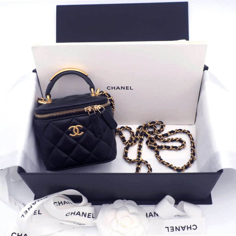 BRAND NEW ! Chanel Black Lambskin Metal Top Handle Small Vanity with Chain Gold Hardware Crossbody Bag (J0046KN9)