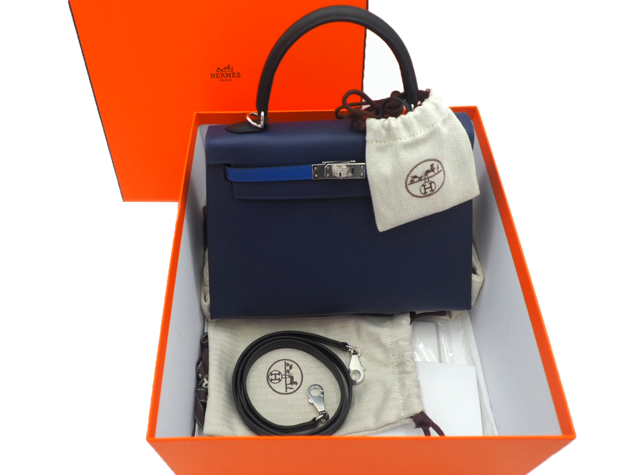BRAND NEW ! Hermes Kelly Sellier 25cm Trio-Color Bleu Saphir/ Bleu France/ Noir Epsom Leather Palladium Hardware - Image 2