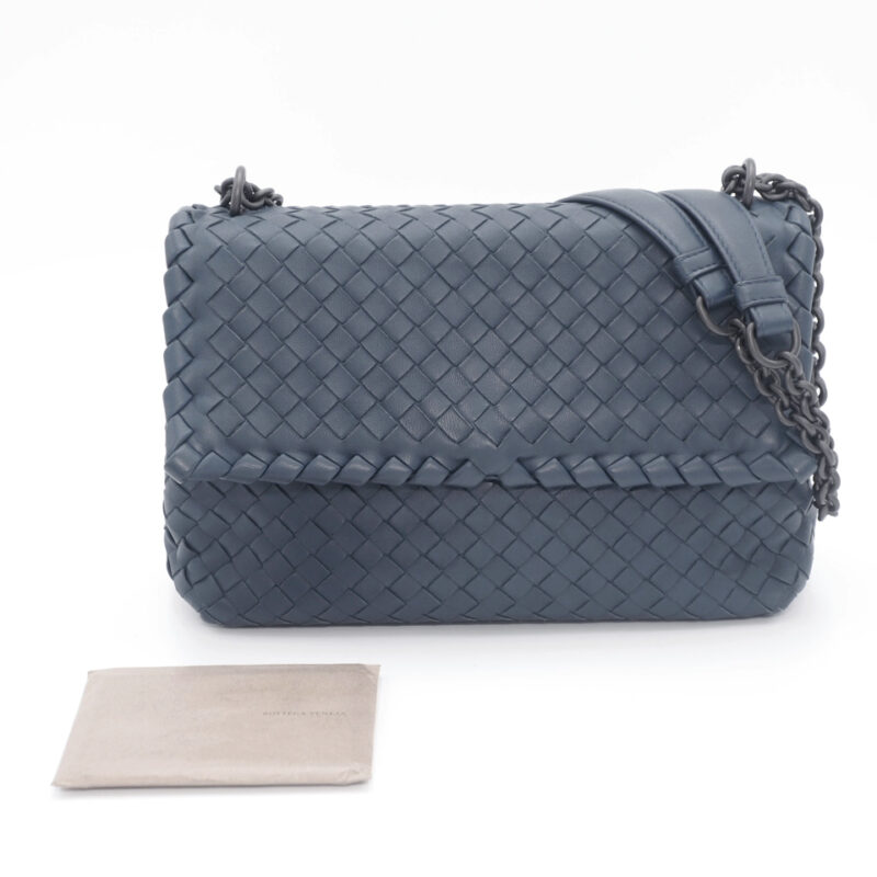 Bottega Veneta Chain Blue/ Dark Grey Intrecciato Nappa Small Olimpia Bag Magnetic Snap Shoulder/ Crossbody Bag