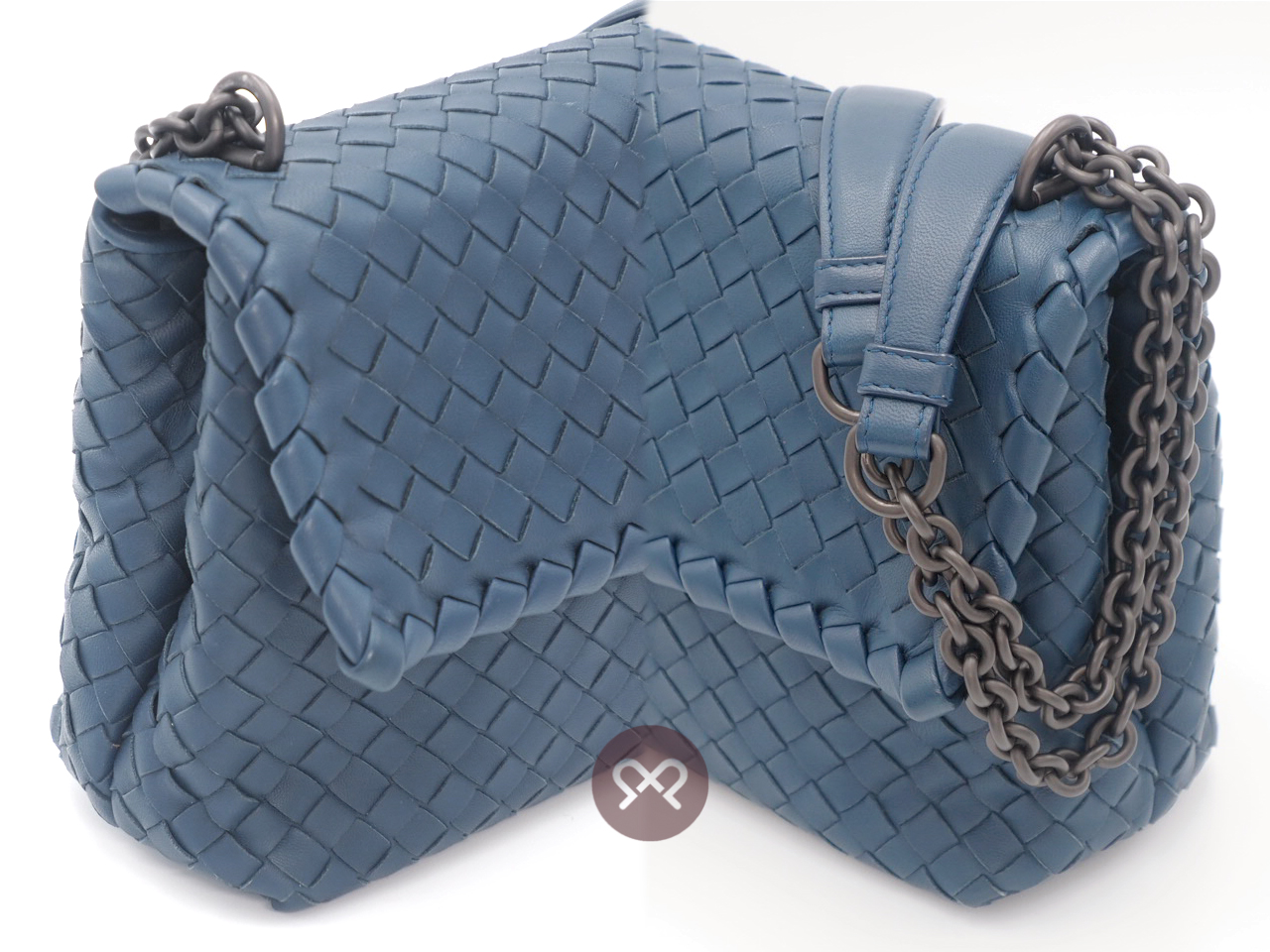 Bottega Veneta Chain Blue/ Dark Grey Intrecciato Nappa Small Olimpia Bag Magnetic Snap Shoulder/ Crossbody Bag - Image 4