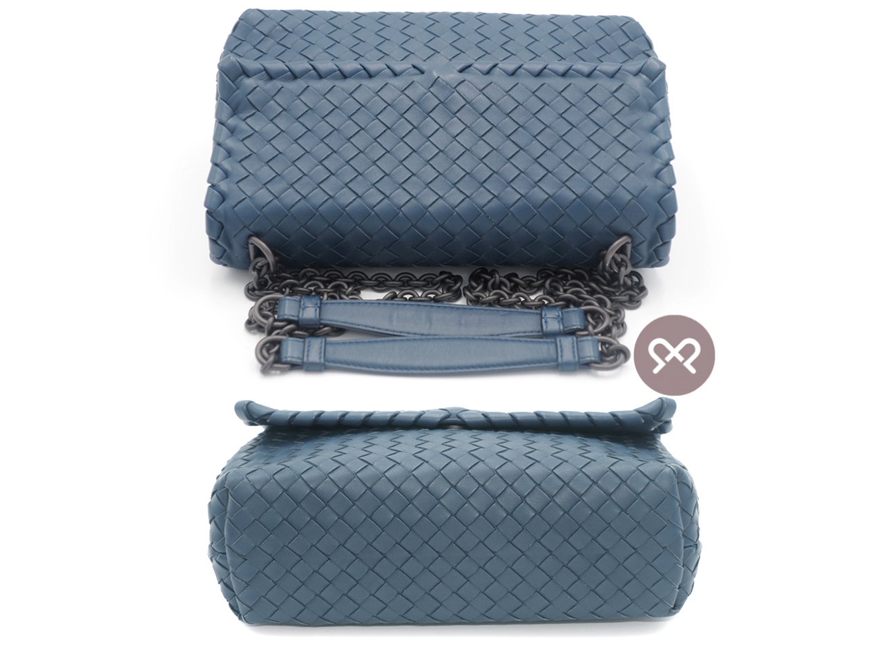 Bottega Veneta Chain Blue/ Dark Grey Intrecciato Nappa Small Olimpia Bag Magnetic Snap Shoulder/ Crossbody Bag - Image 5