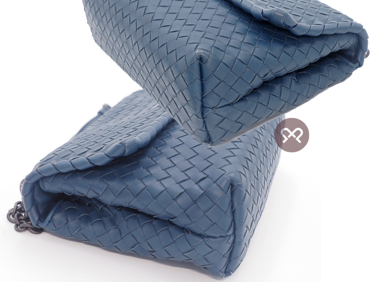 Bottega Veneta Chain Blue/ Dark Grey Intrecciato Nappa Small Olimpia Bag Magnetic Snap Shoulder/ Crossbody Bag - Image 7