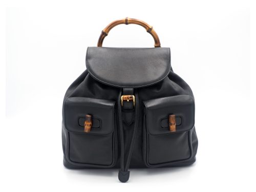 Gucci 3.2058 Black Leather Bamboo Rucksack Large Backpack with 2 Pockets