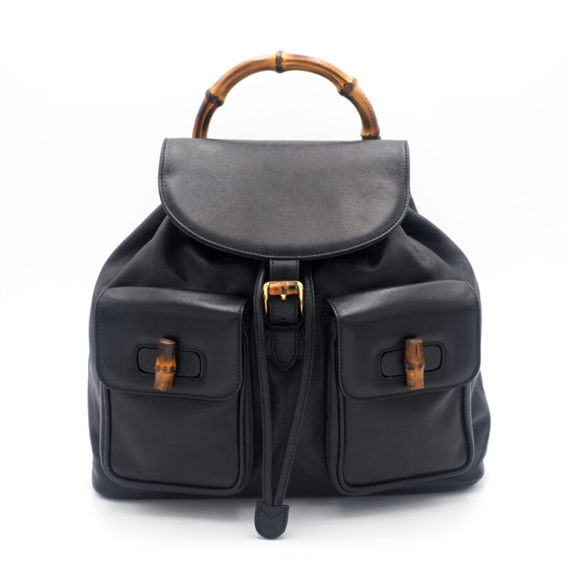 Gucci 3.2058 Black Leather Bamboo Rucksack Large Backpack with 2 Pockets
