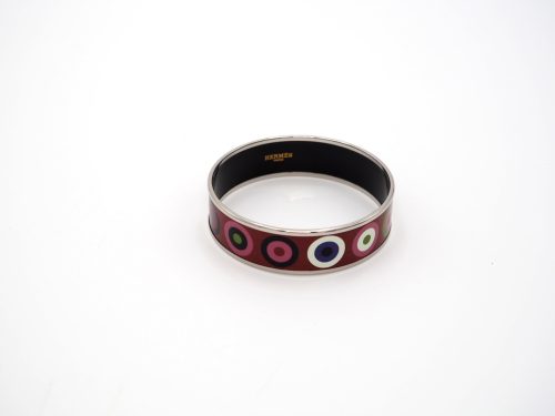 Hermes 20mm Multicolored Circle Print Maroon Rose Enamel Bracelet / Bangle Palladium-Plated Hardware