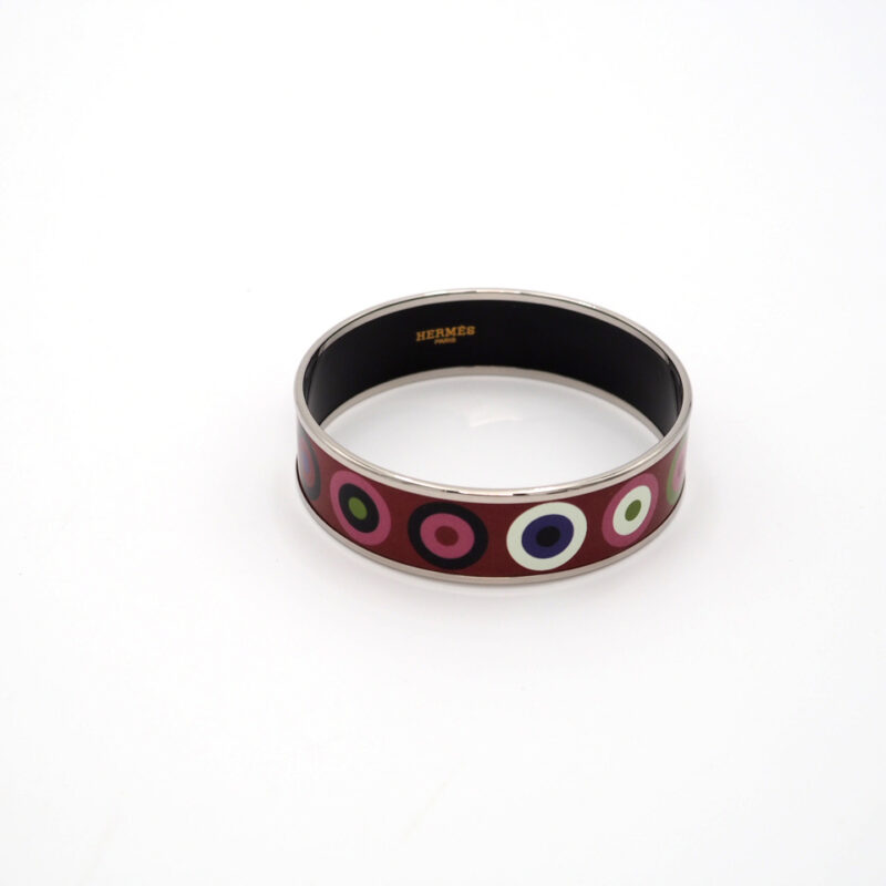 Hermes 20mm Multicolored Circle Print Maroon Rose Enamel Bracelet / Bangle Palladium-Plated Hardware
