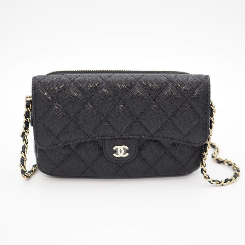 Chanel Black Caviar Classic Flap Phone Holder with Chain Gold Hardware (JKXEK3U7)