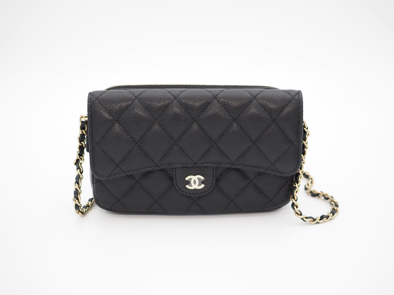 Chanel Black Caviar Classic Flap Phone Holder with Chain Gold Hardware (JKXEK3U7)